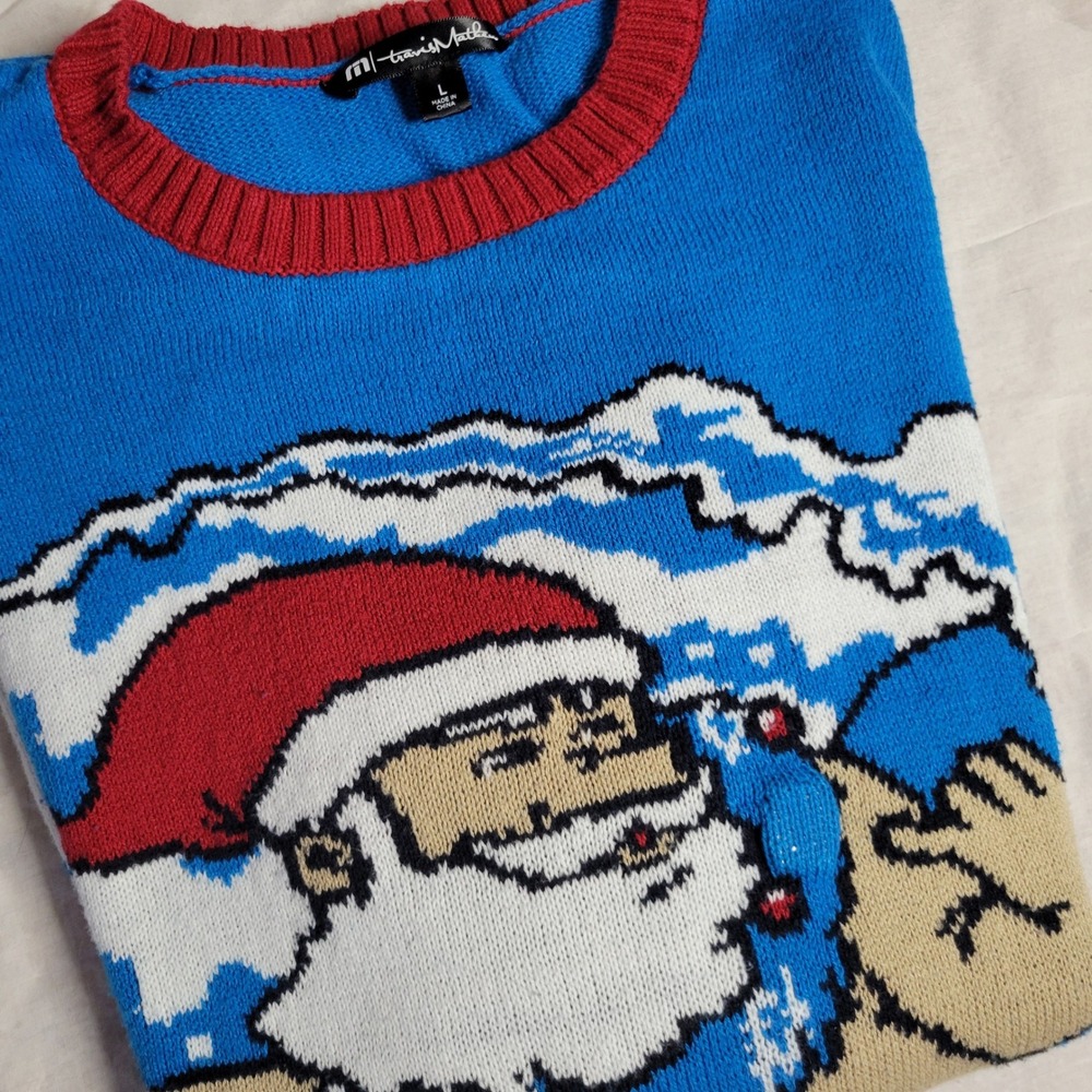 Travis Mathew Mens Surfing Santa Ugly Christmas Sweater Blue Red Large Holiday